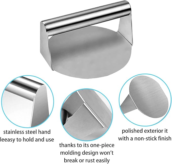 Stainless steel Burger Smasher with steel handle