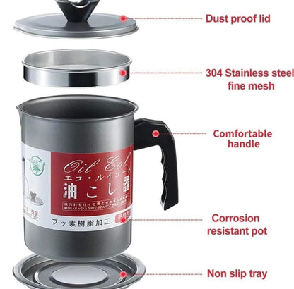 Oil Filter Pot Oil Strainer Pot Stainless Steel Grease Strainer Oil Storage Pot Oil Container Stainless Steel Oiler Tank Container Grease Keeper with Filter Dust Lid Non slip Handle for Frying Oil and Cooking Grease HaveLock Shop
