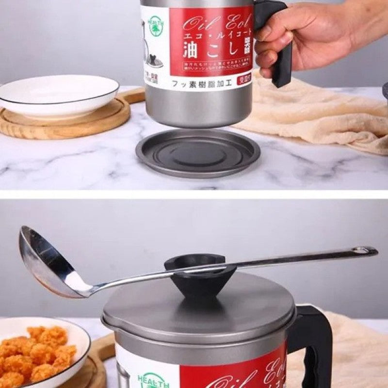 Oil Filter Pot Oil Strainer Pot Stainless Steel Grease Strainer Oil Storage Pot Oil Container Stainless Steel Oiler Tank Container Grease Keeper with Filter Dust Lid Non slip Handle for Frying Oil and Cooking Grease HaveLock Shop