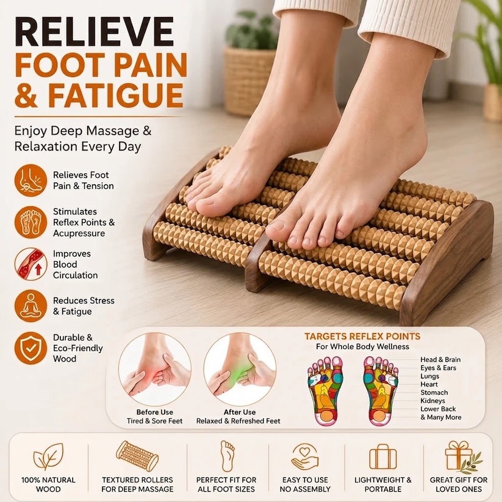 Natural Wooden Foot Massage Roller – Ergonomic Arch Reflexology Tool for Pain Relief & Circulation
