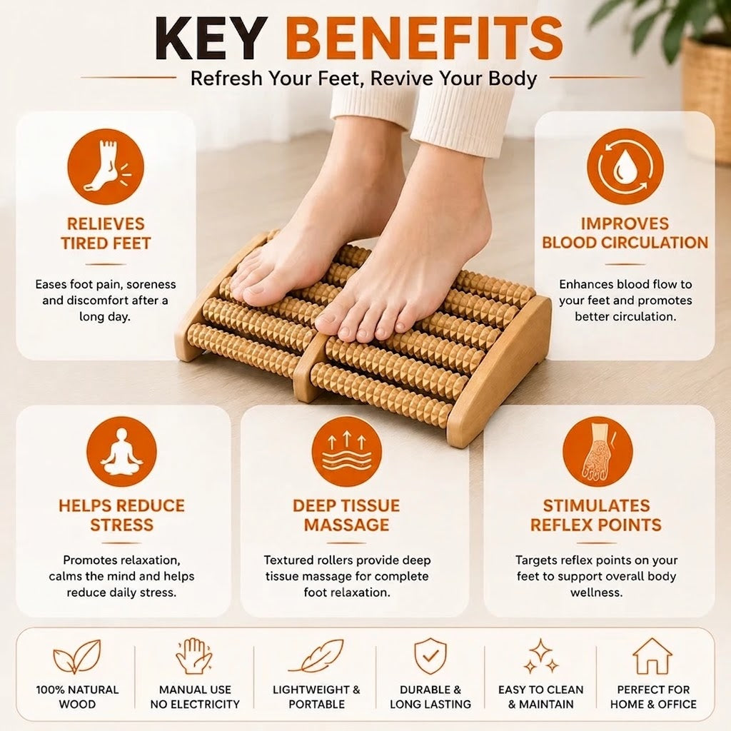 Natural Wooden Foot Massage Roller – Ergonomic Arch Reflexology Tool for Pain Relief & Circulation