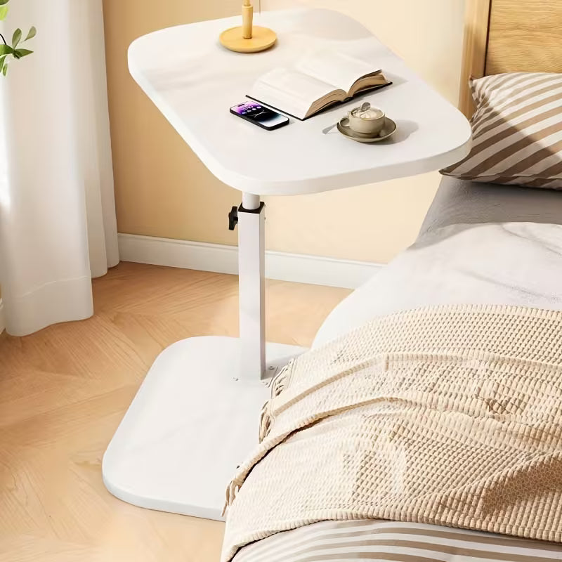 C-shaped adjustable height wooden sofa side table and rotating bed laptop desk in modern living room setup