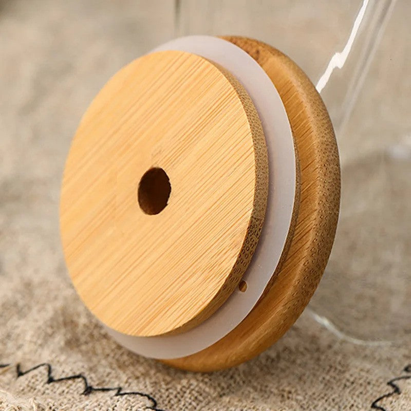 Square Glass Mug With Wooden Lid and Glass Straw 400ml Pakistan Online
