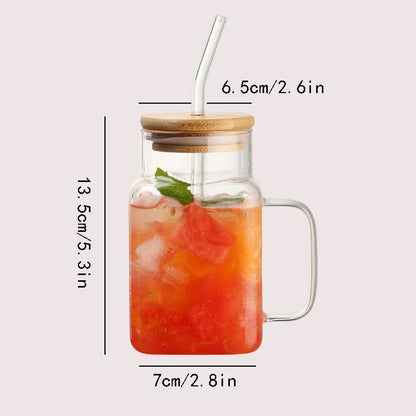 Square Glass Mug With Wooden Lid and Glass Straw