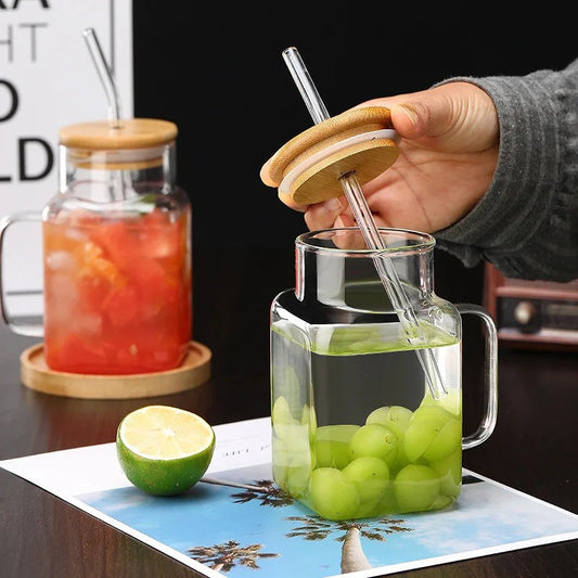 Square Glass Mug With Wooden Lid and Glass Straw