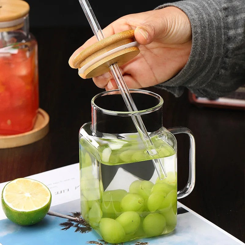 Square Glass Mug With Wooden Lid and Glass Straw 400ml Pakistan Online
