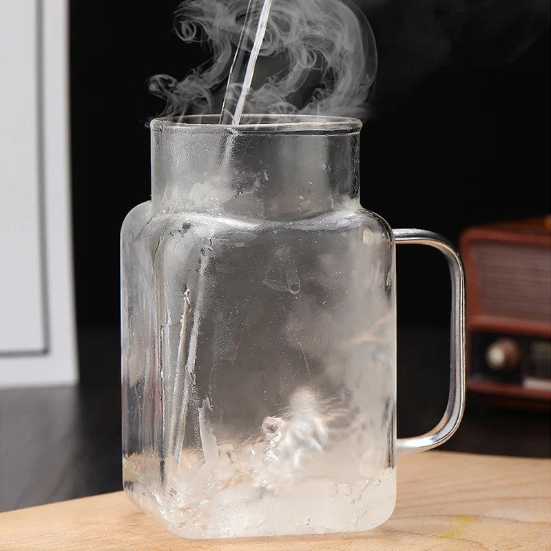 Square Glass Mug With Wooden Lid and Glass Straw