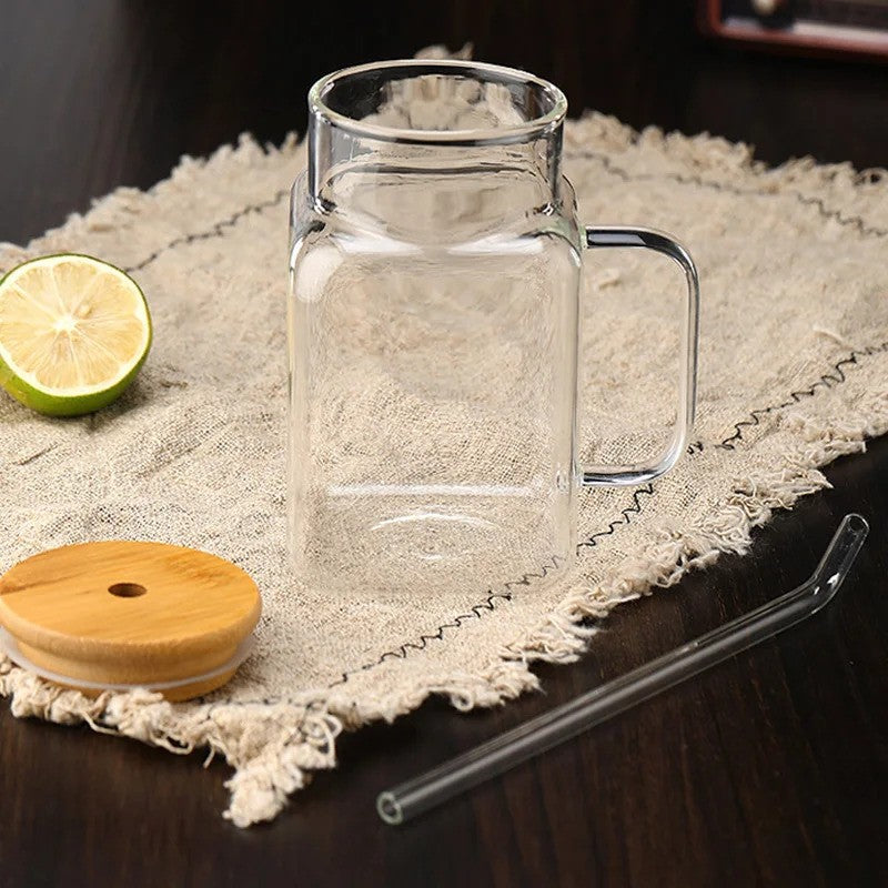 Square Glass Mug With Wooden Lid and Glass Straw 400ml Pakistan Online
