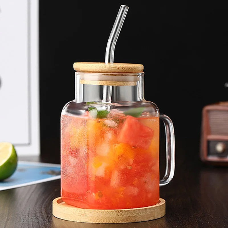 Aesthetic Square Glass Tumbler Fruit Juice Smoothie Wooden Lid Pakistan
